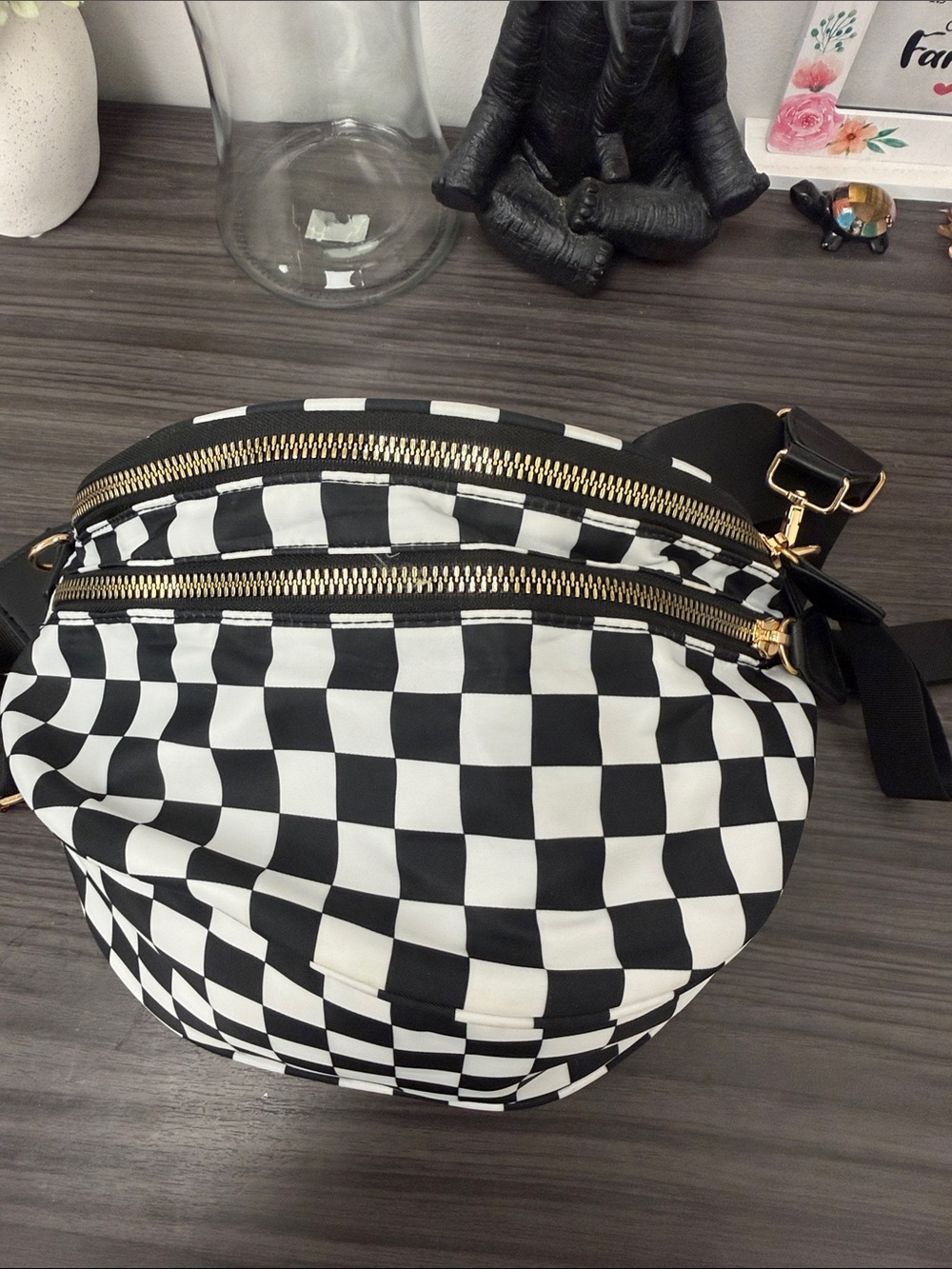 Black & White Checker Crossbody Bag with Gold Zippers
